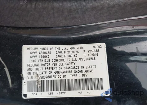 2003 Honda Cr-V Ex z USA, uszkodzony, nr VIN SHSRD78813U100184